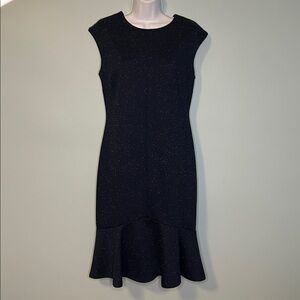 Ann Taylor Navy with Delicate Dot Print Midi Sheath Dress w/ Ruffle Hem, Size 4